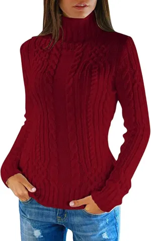 Womens Slim Fit Sexy Sweaters 2024 Winter Cable Knit Light Sweaters for Women Knitted Trendy Turtleneck Solid Warm