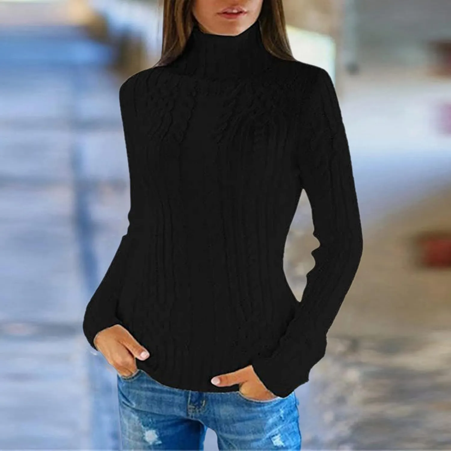 Womens Slim Fit Sexy Sweaters 2024 Winter Cable Knit Light Sweaters for Women Knitted Trendy Turtleneck Solid Warm