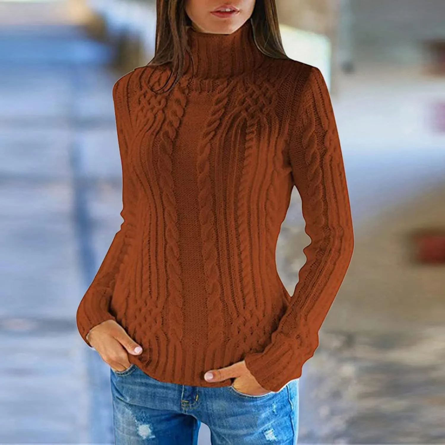 Womens Slim Fit Sexy Sweaters 2024 Winter Cable Knit Light Sweaters for Women Knitted Trendy Turtleneck Solid Warm