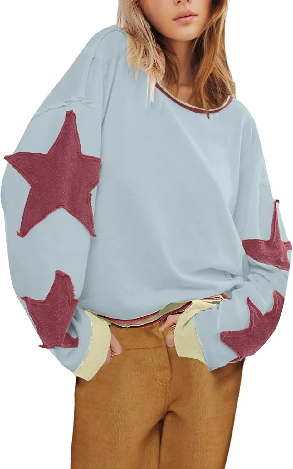 Womens Star Oversized Sweatshirt Crewneck Drop Shoulder Pullover Long Sleeve Shirts Tops Y2K Cute Trendy Clothes