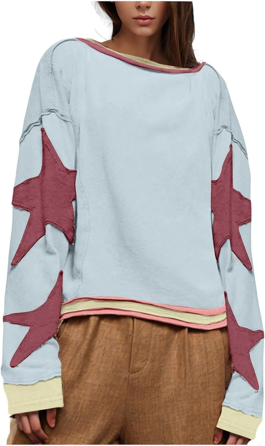 Womens Star Oversized Sweatshirt Crewneck Drop Shoulder Pullover Long Sleeve Shirts Tops Y2K Cute Trendy Clothes