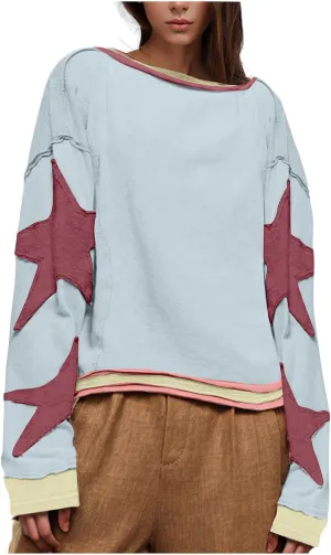 Womens Star Oversized Sweatshirt Crewneck Drop Shoulder Pullover Long Sleeve Shirts Tops Y2K Cute Trendy Clothes