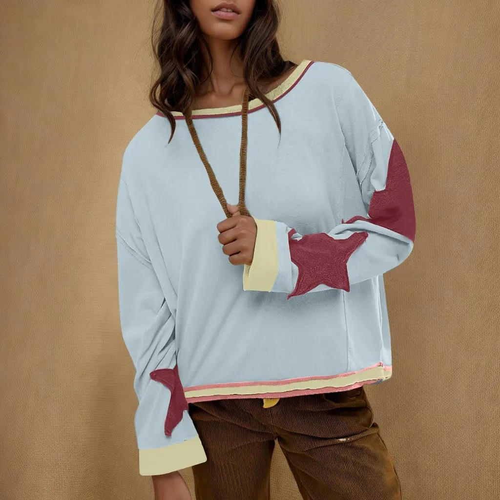 Womens Star Oversized Sweatshirt Crewneck Drop Shoulder Pullover Long Sleeve Shirts Tops Y2K Cute Trendy Clothes