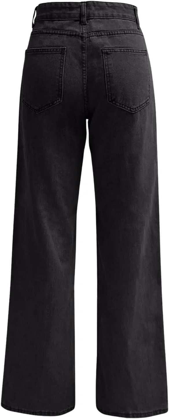 Womens Straight Leg Denim Pants Fashion Rise Baggy Wide Leg Jeans Plus Size Trousers with Pocket