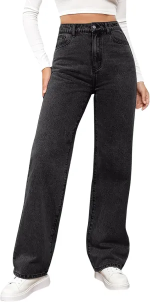 Womens Straight Leg Denim Pants Fashion Rise Baggy Wide Leg Jeans Plus Size Trousers with Pocket