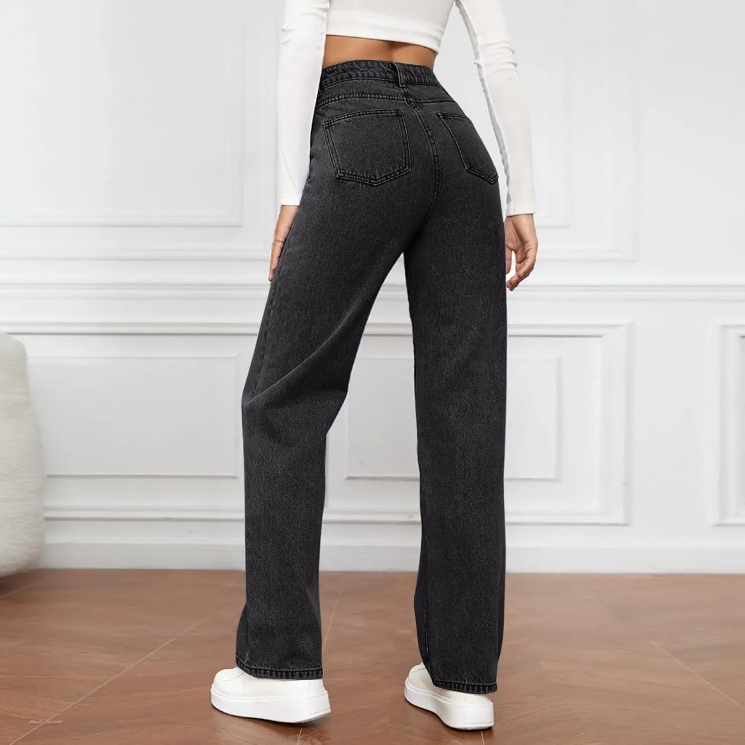Womens Straight Leg Denim Pants Fashion Rise Baggy Wide Leg Jeans Plus Size Trousers with Pocket