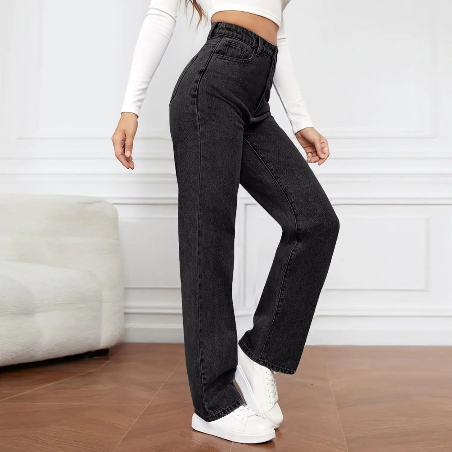 Womens Straight Leg Denim Pants Fashion Rise Baggy Wide Leg Jeans Plus Size Trousers with Pocket