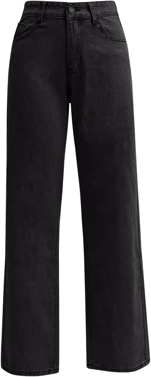 Womens Straight Leg Denim Pants Fashion Rise Baggy Wide Leg Jeans Plus Size Trousers with Pocket