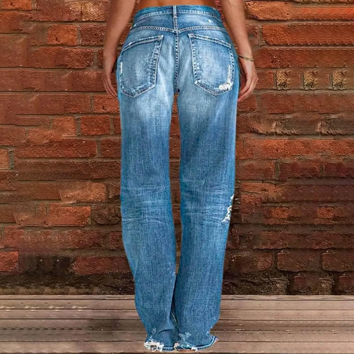 Womens Straight Leg Jeans Button Down Low Rise Ripped Jeans Plus Size Boyfriend Distressed Denim Pants with Pockets