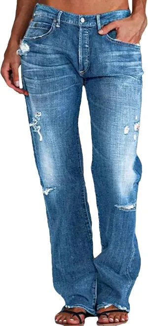 Womens Straight Leg Jeans Button Down Low Rise Ripped Jeans Plus Size Boyfriend Distressed Denim Pants with Pockets