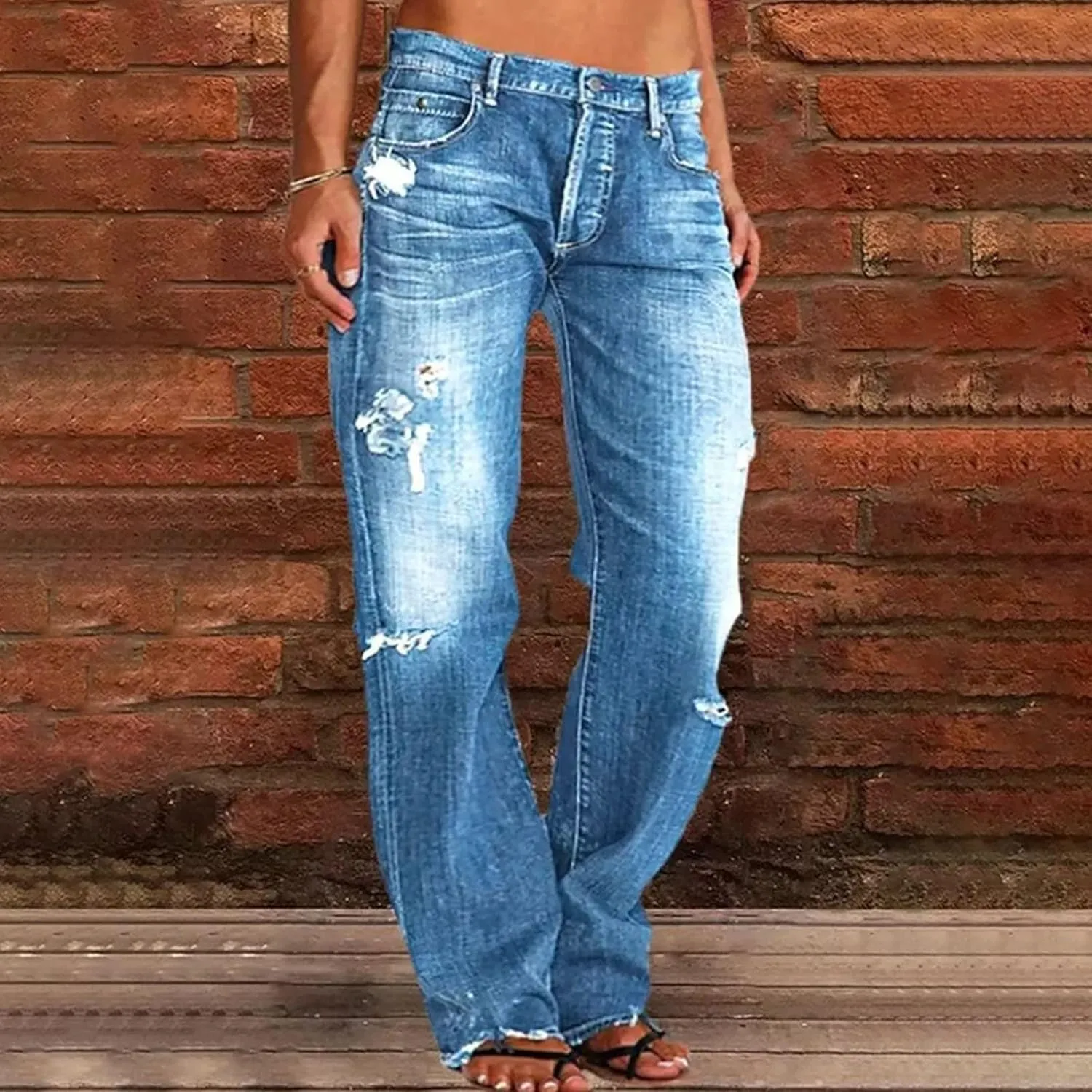 Womens Straight Leg Jeans Button Down Low Rise Ripped Jeans Plus Size Boyfriend Distressed Denim Pants with Pockets