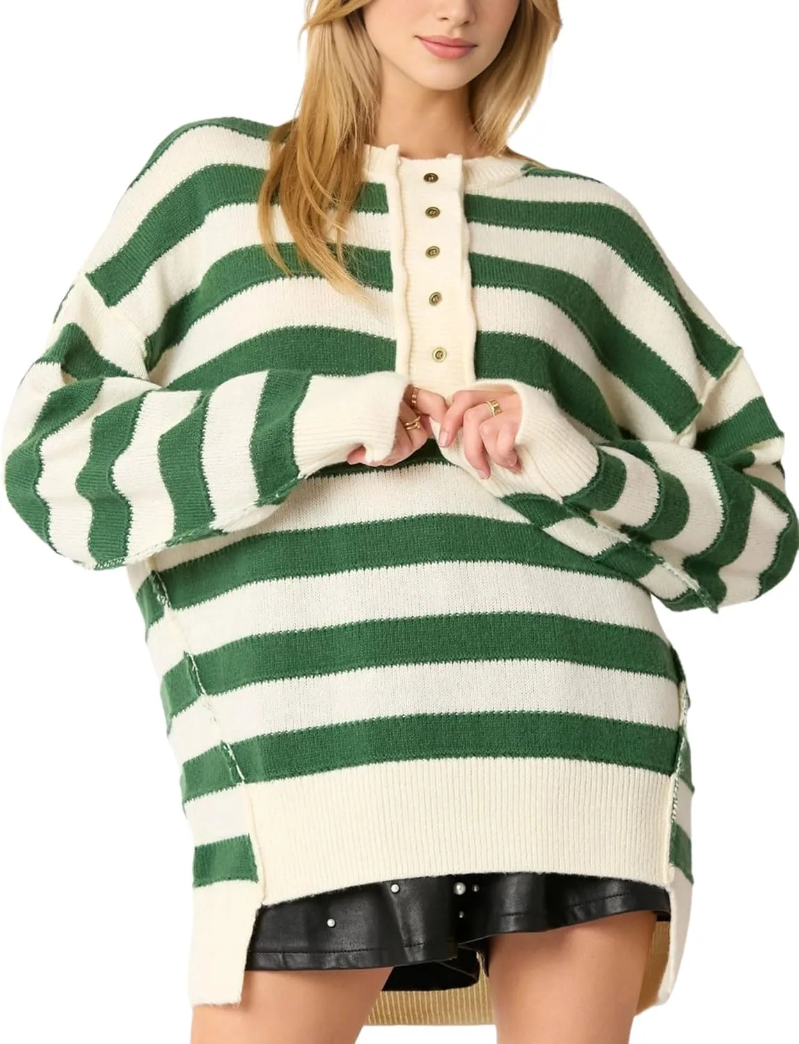Womens Striped Pullover Sweater Casual Long Sleeve Button Down Crewneck Sweatshirt Oversized Knit Jumper Tops