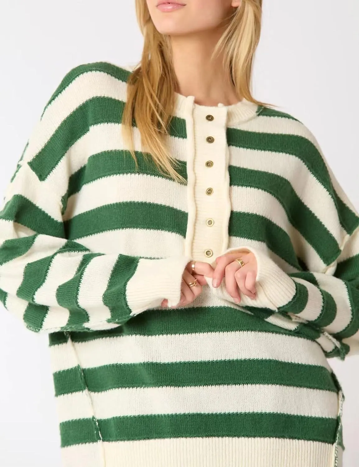 Womens Striped Pullover Sweater Casual Long Sleeve Button Down Crewneck Sweatshirt Oversized Knit Jumper Tops