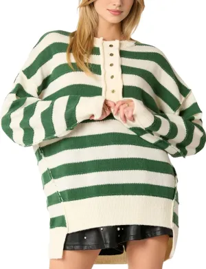 Womens Striped Pullover Sweater Casual Long Sleeve Button Down Crewneck Sweatshirt Oversized Knit Jumper Tops