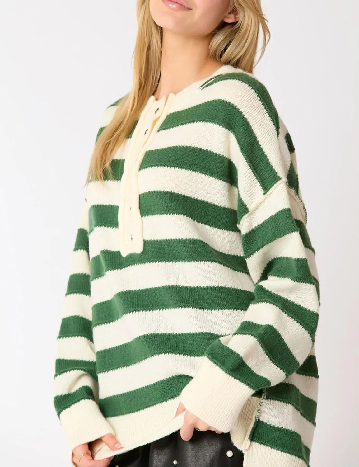 Womens Striped Pullover Sweater Casual Long Sleeve Button Down Crewneck Sweatshirt Oversized Knit Jumper Tops