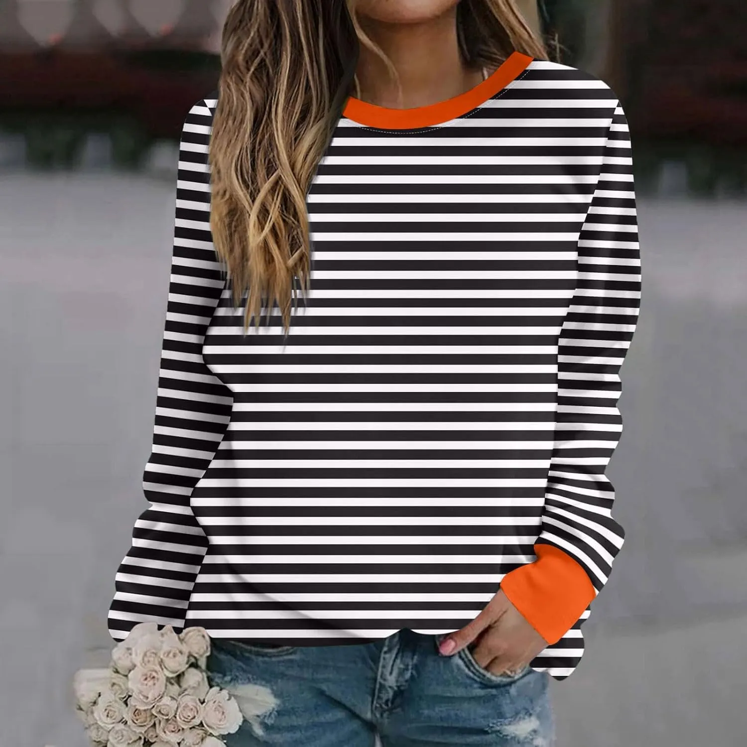 Womens Striped Sweatshirts Oversized Long Sleeve Tunic Pullover Crewneck Comfy Fall Tops Winter Trendy Clothes 2024