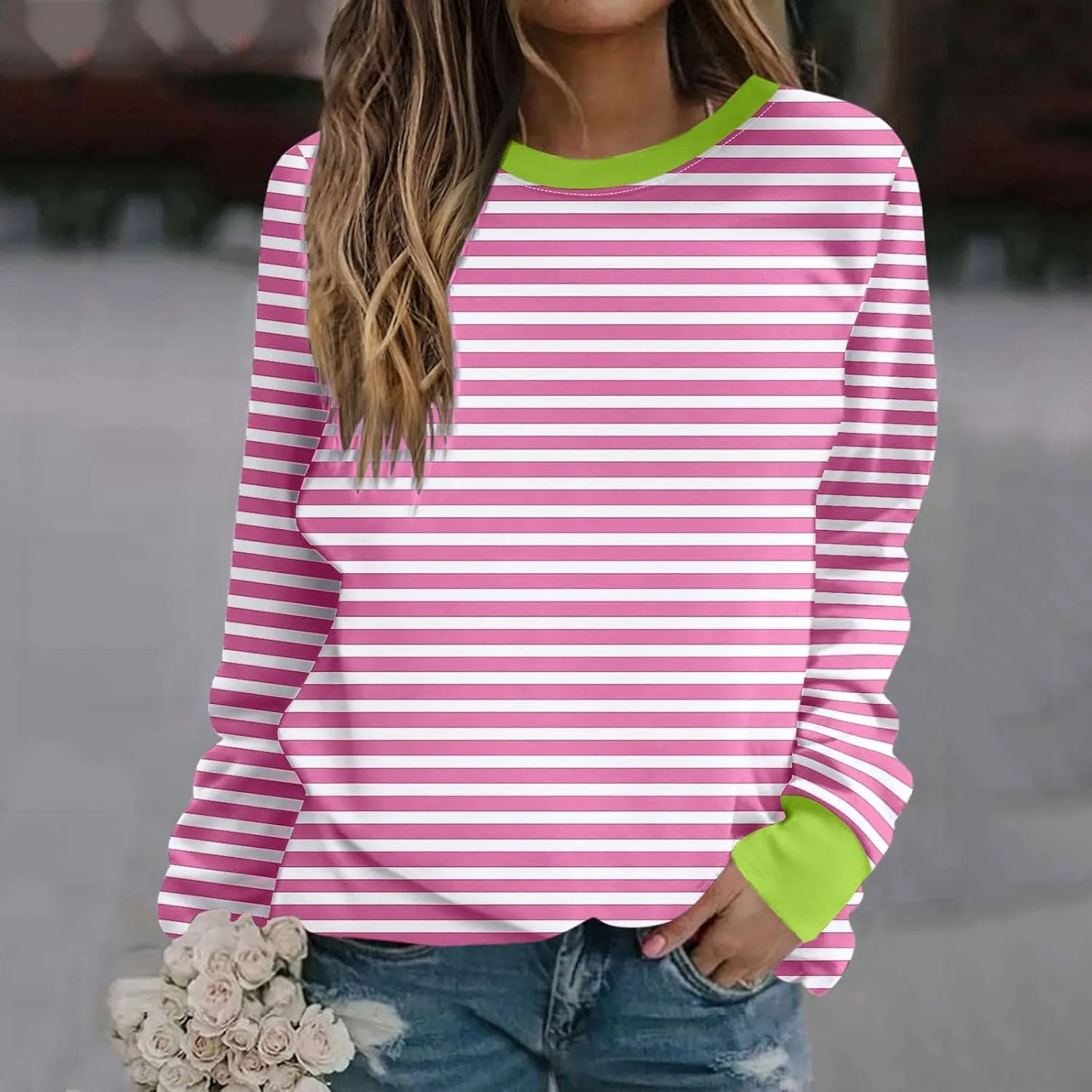 Womens Striped Sweatshirts Oversized Long Sleeve Tunic Pullover Crewneck Comfy Fall Tops Winter Trendy Clothes 2024