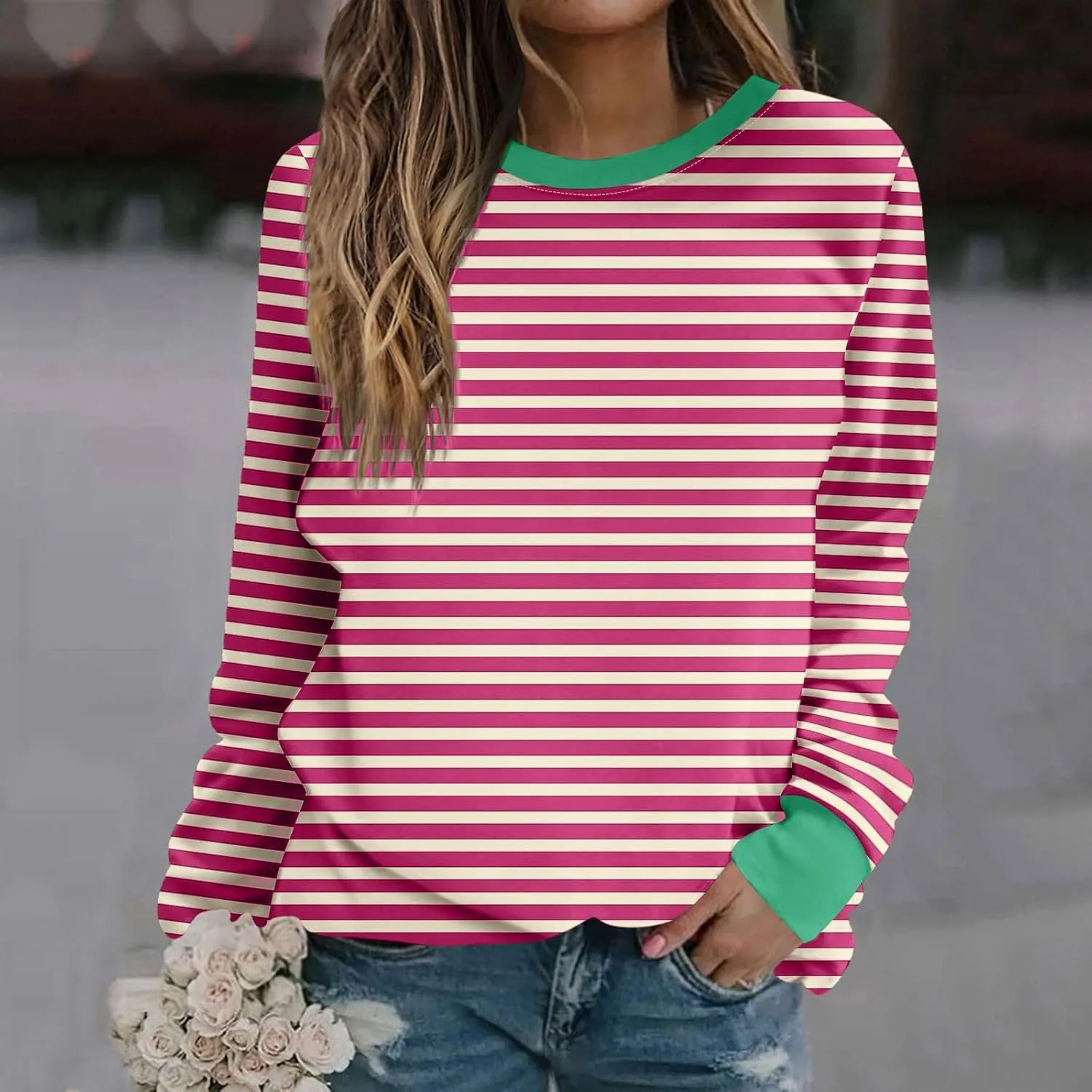 Womens Striped Sweatshirts Oversized Long Sleeve Tunic Pullover Crewneck Comfy Fall Tops Winter Trendy Clothes 2024