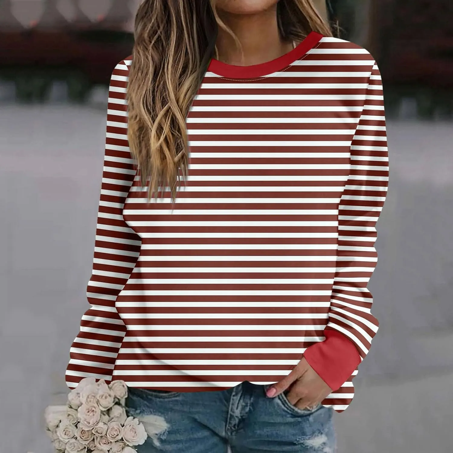 Womens Striped Sweatshirts Oversized Long Sleeve Tunic Pullover Crewneck Comfy Fall Tops Winter Trendy Clothes 2024
