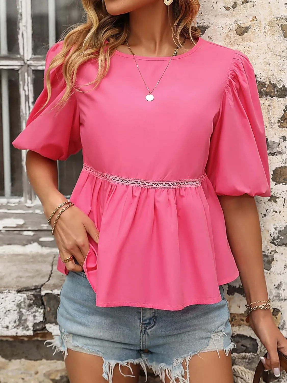 Womens Tops Contrast Lace Puff Sleeve Peplum Blouse
