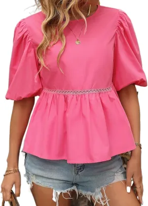 Womens Tops Contrast Lace Puff Sleeve Peplum Blouse