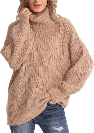 Womens Turtleneck Oversized Sweaters Chunky Cable Knit Soft Winter Long Sleeve Pullover Sweaters