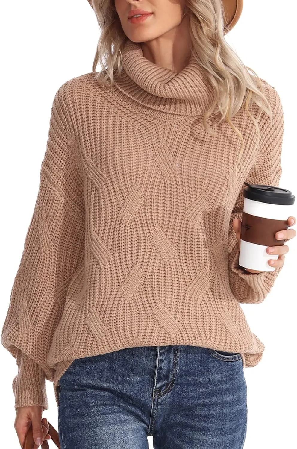 Womens Turtleneck Oversized Sweaters Chunky Cable Knit Soft Winter Long Sleeve Pullover Sweaters