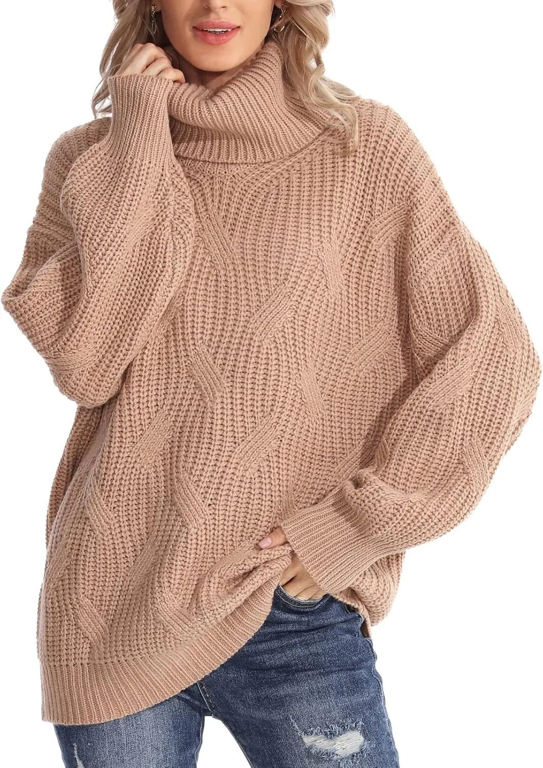 Womens Turtleneck Oversized Sweaters Chunky Cable Knit Soft Winter Long Sleeve Pullover Sweaters
