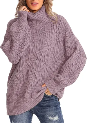 Womens Turtleneck Oversized Sweaters Chunky Cable Knit Soft Winter Long Sleeve Pullover Sweaters