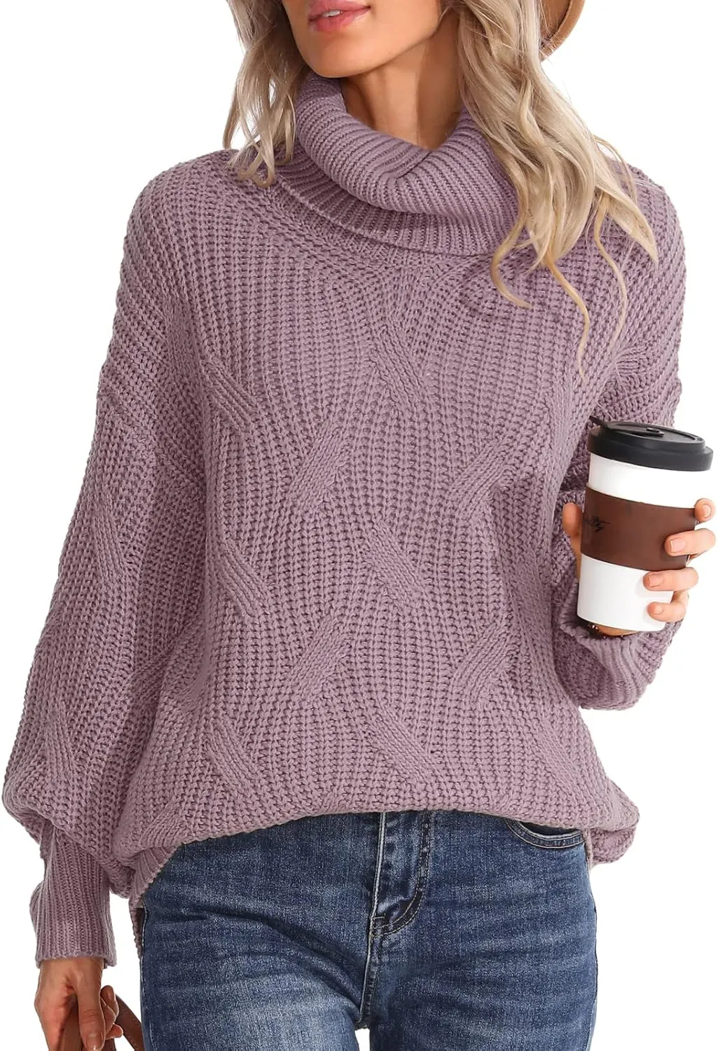 Womens Turtleneck Oversized Sweaters Chunky Cable Knit Soft Winter Long Sleeve Pullover Sweaters