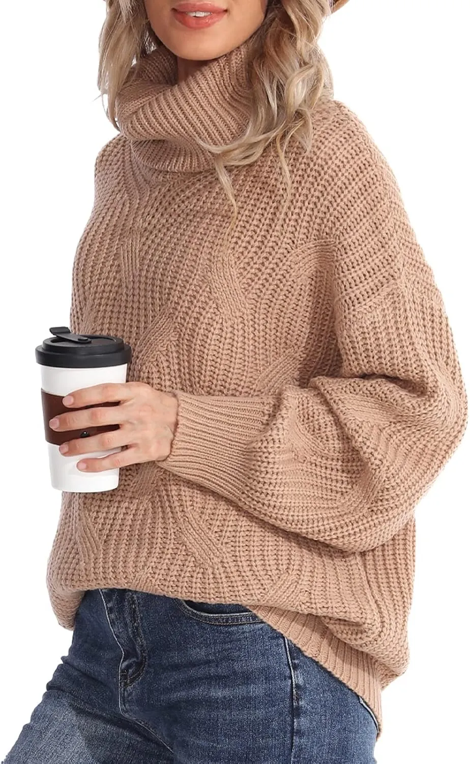 Womens Turtleneck Oversized Sweaters Chunky Cable Knit Soft Winter Long Sleeve Pullover Sweaters