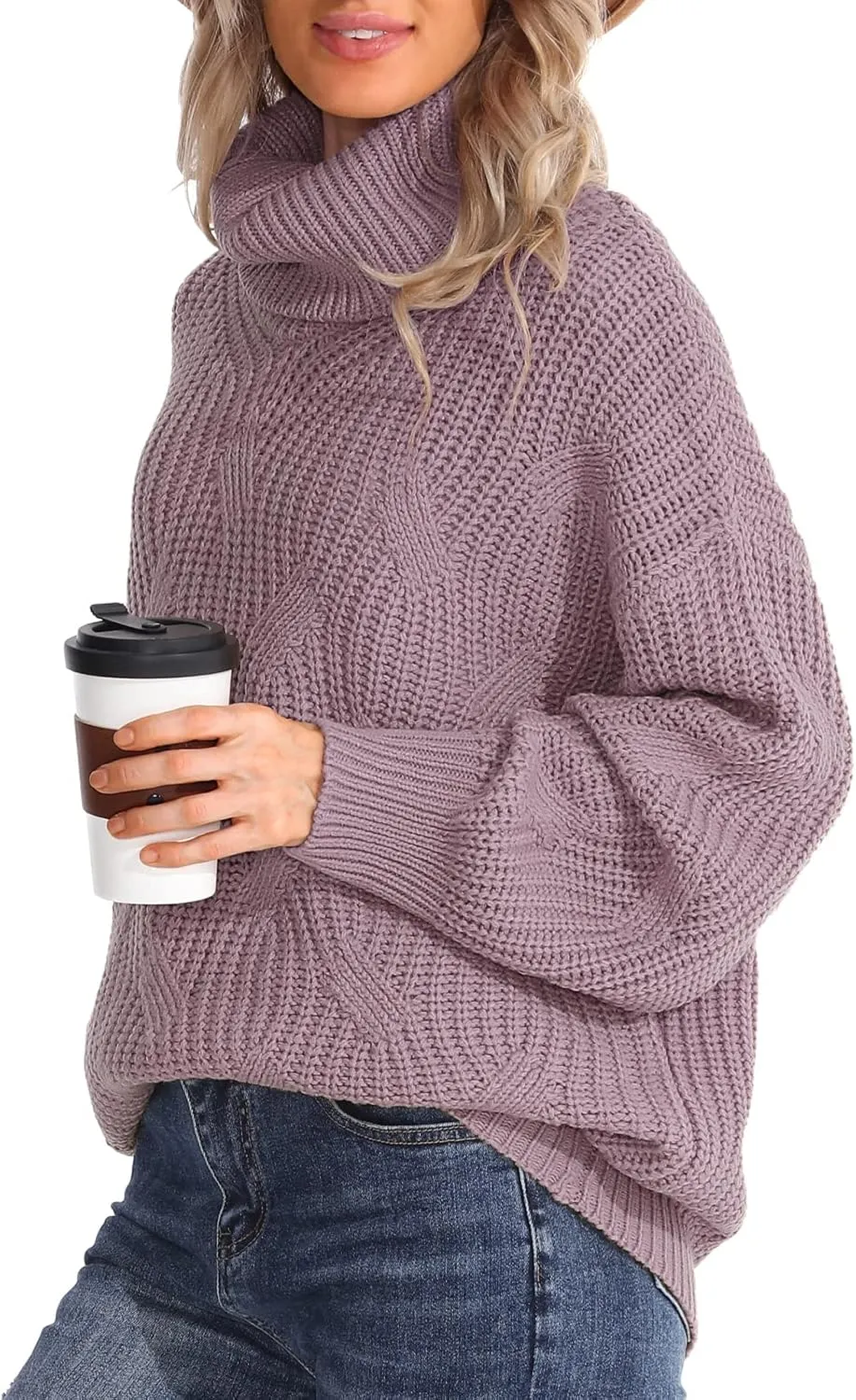 Womens Turtleneck Oversized Sweaters Chunky Cable Knit Soft Winter Long Sleeve Pullover Sweaters