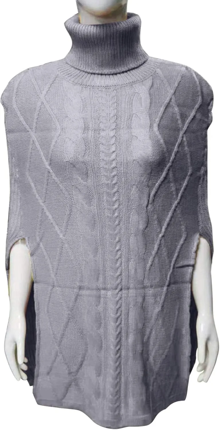 Womens Turtleneck Poncho Sweater Chunky Cable Knit Sweater Fashion Side Slit Shawl Top