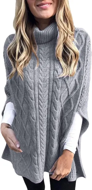 Womens Turtleneck Poncho Sweater Chunky Cable Knit Sweater Fashion Side Slit Shawl Top