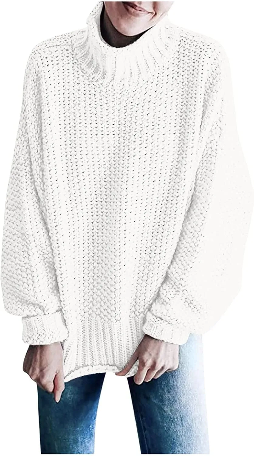 Womens Turtleneck Sweaters Long Sleeve Oversized Fuzzy Knit Chunky Warm Pullover Drop Shoulder Mock Neck Jumper 2023
