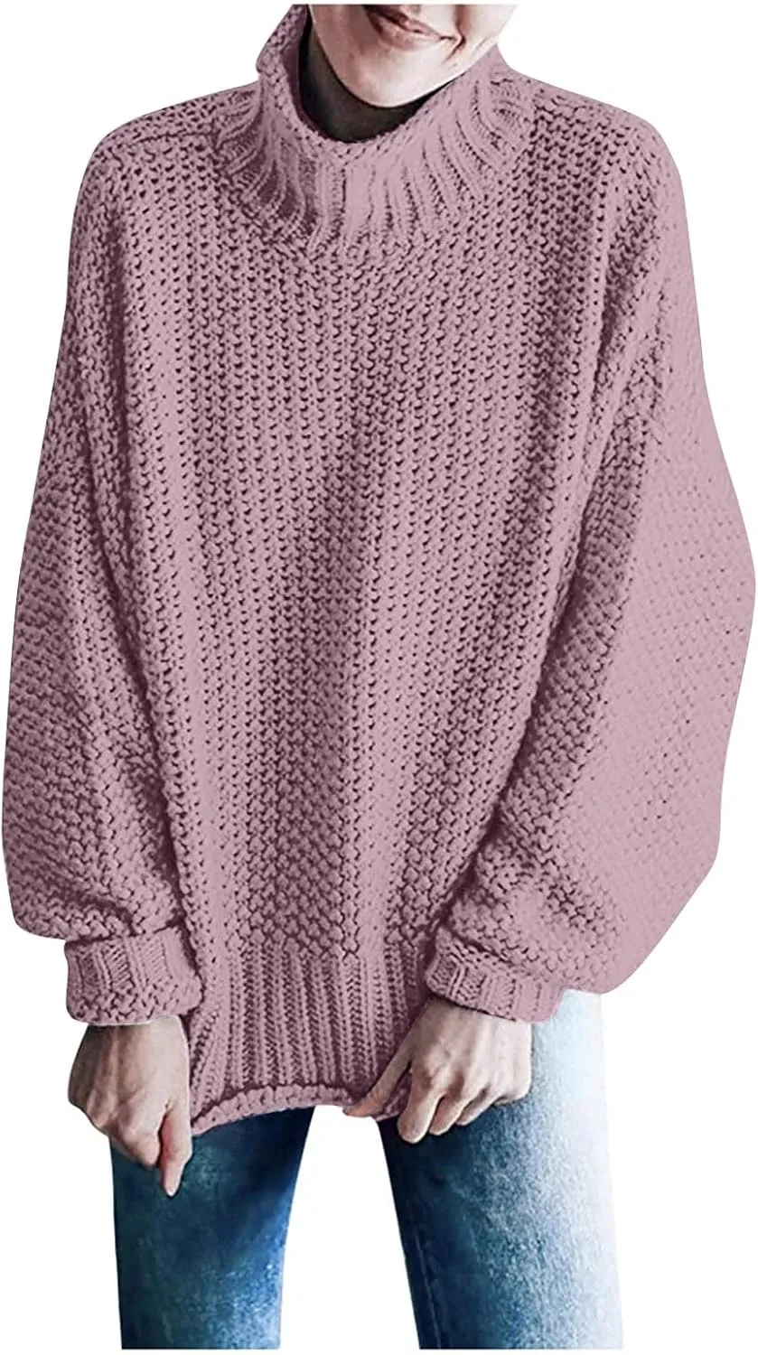 Womens Turtleneck Sweaters Long Sleeve Oversized Fuzzy Knit Chunky Warm Pullover Drop Shoulder Mock Neck Jumper 2023
