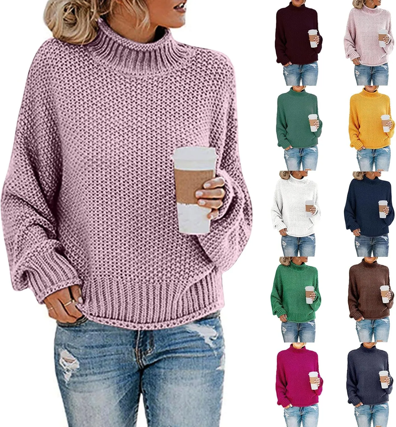 Womens Turtleneck Sweaters Long Sleeve Oversized Fuzzy Knit Chunky Warm Pullover Drop Shoulder Mock Neck Jumper 2023