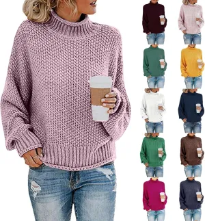 Womens Turtleneck Sweaters Long Sleeve Oversized Fuzzy Knit Chunky Warm Pullover Drop Shoulder Mock Neck Jumper 2023