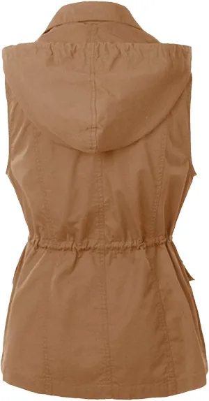 Womens Utility Vest Plus Size Drawstring Waist Military Jacket Casual Button Down Sleeveless Hooded Coat with Pockets