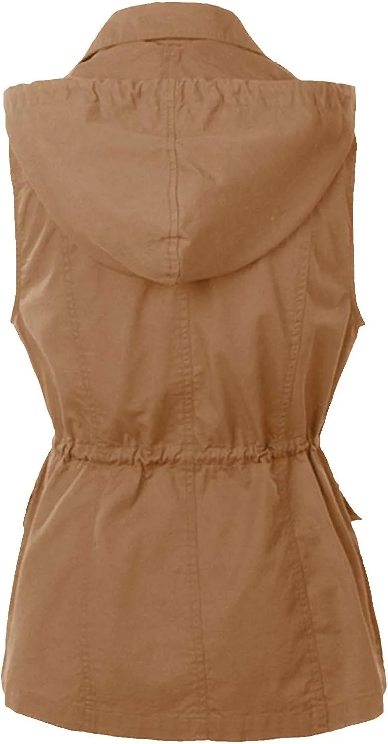 Womens Utility Vest Plus Size Drawstring Waist Military Jacket Casual Button Down Sleeveless Hooded Coat with Pockets