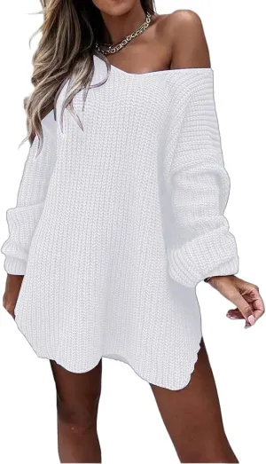 Womens V Neck Sweater Chunky Knit Sweaters Oversized Pullover Tops Long Sleeve Off Shoulder Jumper Loose Fit Tops