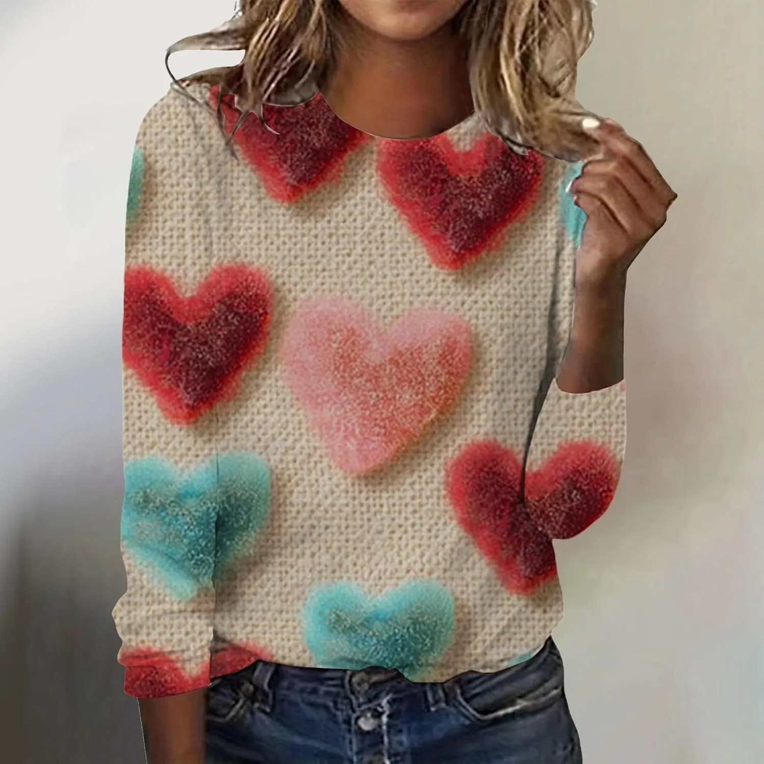 Womens Valentines Shirt Love Heart Print Long Sleeve Crewneck Sweatshirt Loose Casual Fit Basic 2025 Spring Pullover