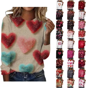 Womens Valentines Shirt Love Heart Print Long Sleeve Crewneck Sweatshirt Loose Casual Fit Basic 2025 Spring Pullover