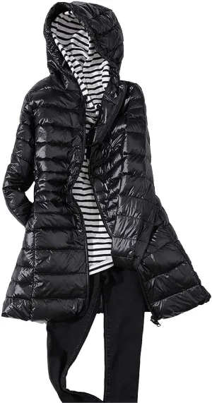 Women's Warm Winter Glossy Down Jacket Ultralight Long Down Outerwear Puffer Jacket Hooded Coat Padded Full-Zip Zip-Up with