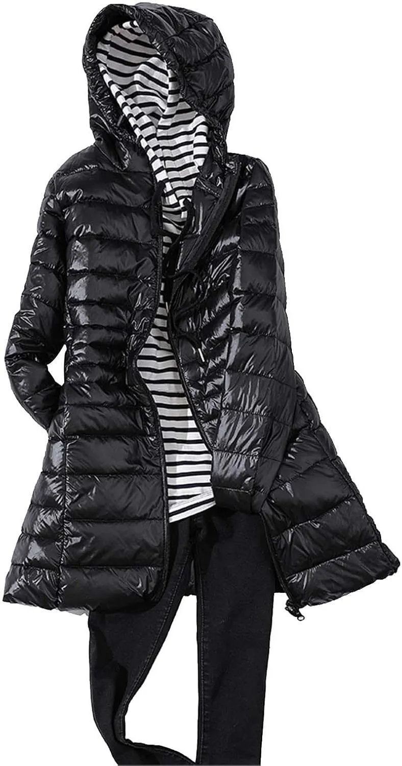 Women's Warm Winter Glossy Down Jacket Ultralight Long Down Outerwear Puffer Jacket Hooded Coat Padded Full-Zip Zip-Up with