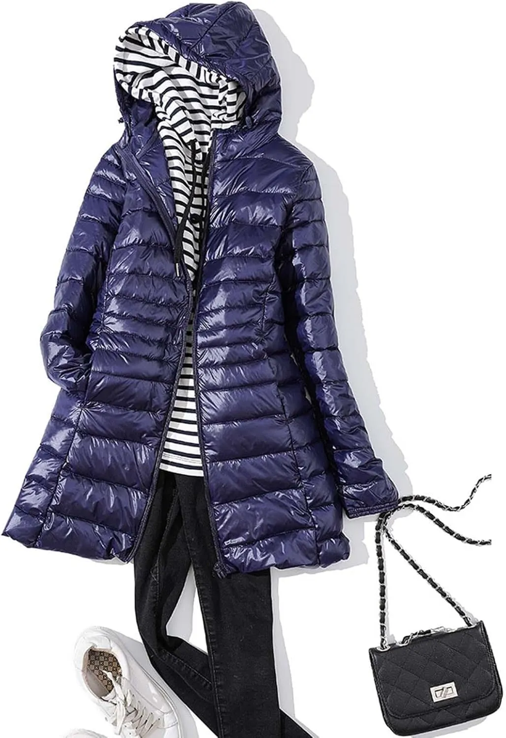 Women's Warm Winter Glossy Down Jacket Ultralight Long Down Outerwear Puffer Jacket Hooded Coat Padded Full-Zip Zip-Up with