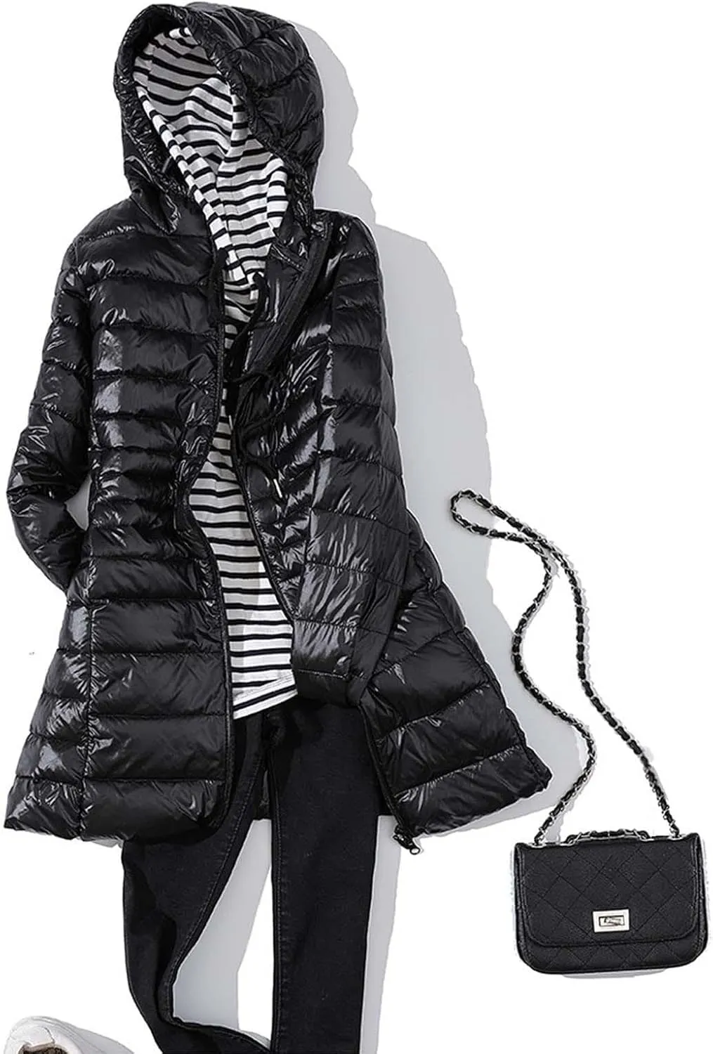 Women's Warm Winter Glossy Down Jacket Ultralight Long Down Outerwear Puffer Jacket Hooded Coat Padded Full-Zip Zip-Up with