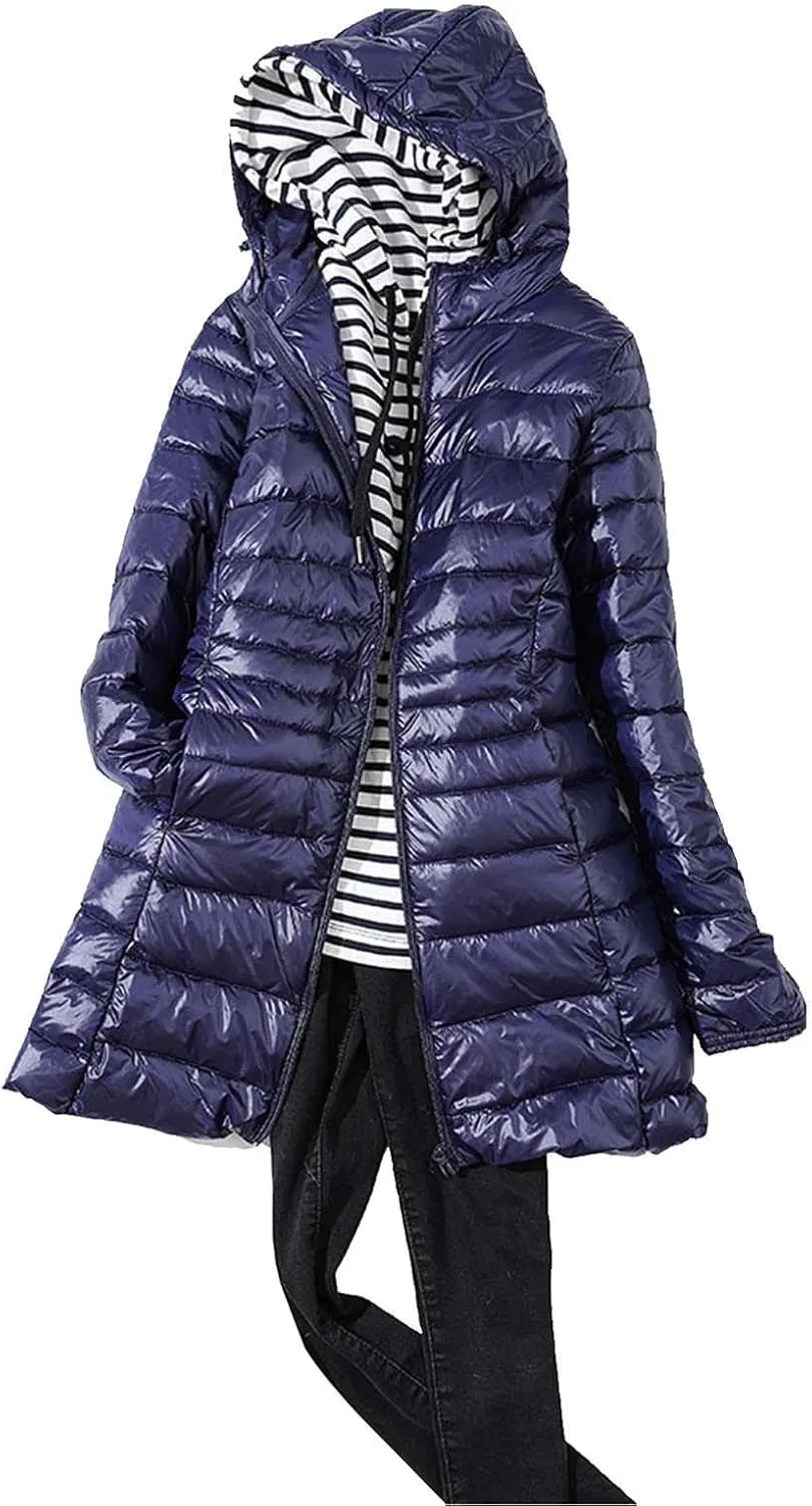 Women's Warm Winter Glossy Down Jacket Ultralight Long Down Outerwear Puffer Jacket Hooded Coat Padded Full-Zip Zip-Up with