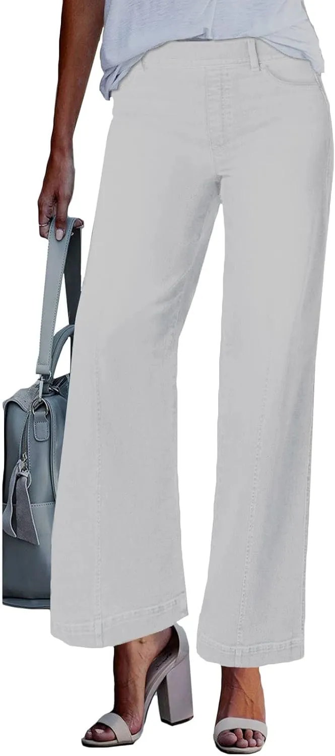 Womens Wide Leg Jeans High Waisted Pull On Bootcut Jeans Summer Trendy Stretch Boyfriend Denim Pants with Pockets