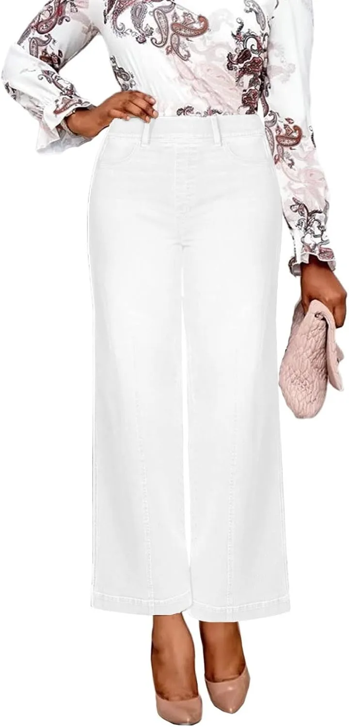 Womens Wide Leg Jeans High Waisted Pull On Bootcut Jeans Summer Trendy Stretch Boyfriend Denim Pants with Pockets